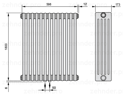 Схема (чертеж) Радиатор Zehnder Charleston 5180/13 №3470 Белый глянцевый RAL 9016